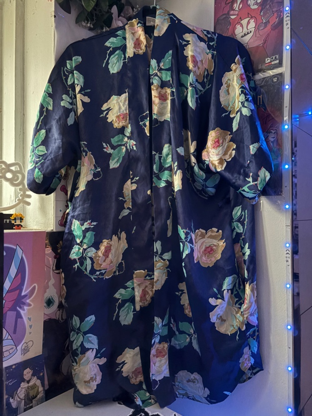 Floral Satin Kimono Robe - Navy with Cream & Green Roses